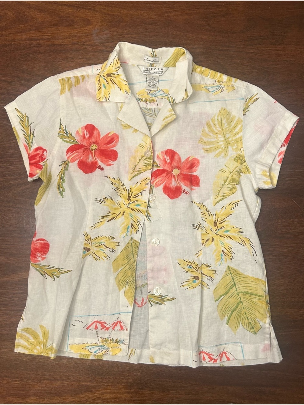 JohnPaulRichard White Floral Button-Down Shirt with Red & Yellow Flowers